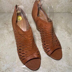Franco Sarto Womens Tan‎ Leather Peep-Toe Heels Back Zipper Western Boho